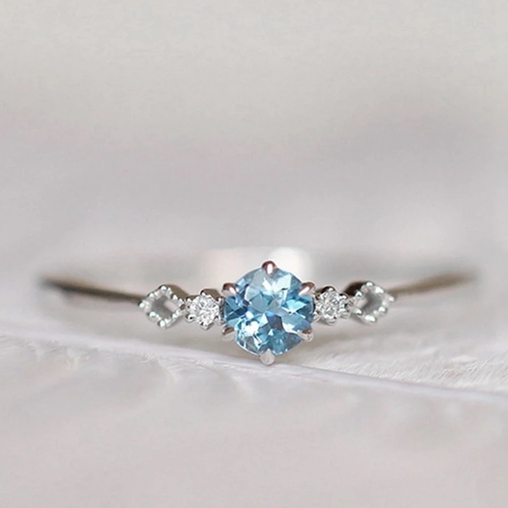 Topaz 3 Stone Silver Ring Minimalist Round Cut